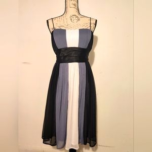 Dress Barn Spaghetti Strap Black Grey White Flare Dress, Waist Sash back bow NWT